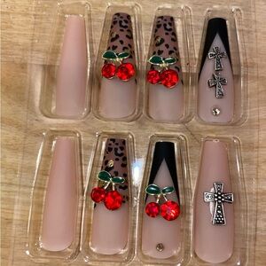Black and Red Coffin Shaped Nail Tips with Leopard Print and Cherry Accents